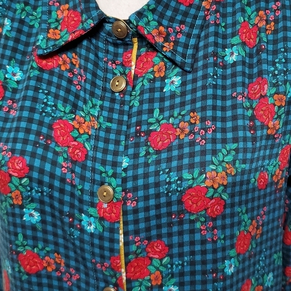 MATILDA Jane Fa La La Blue Plaid Red Rose Floral Button Up Midi Dress XS - Picture 4 of 14